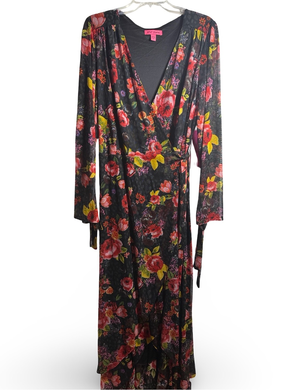 NWT Betsey Johnson Black Floral Wrap Dress with Bright Blooms